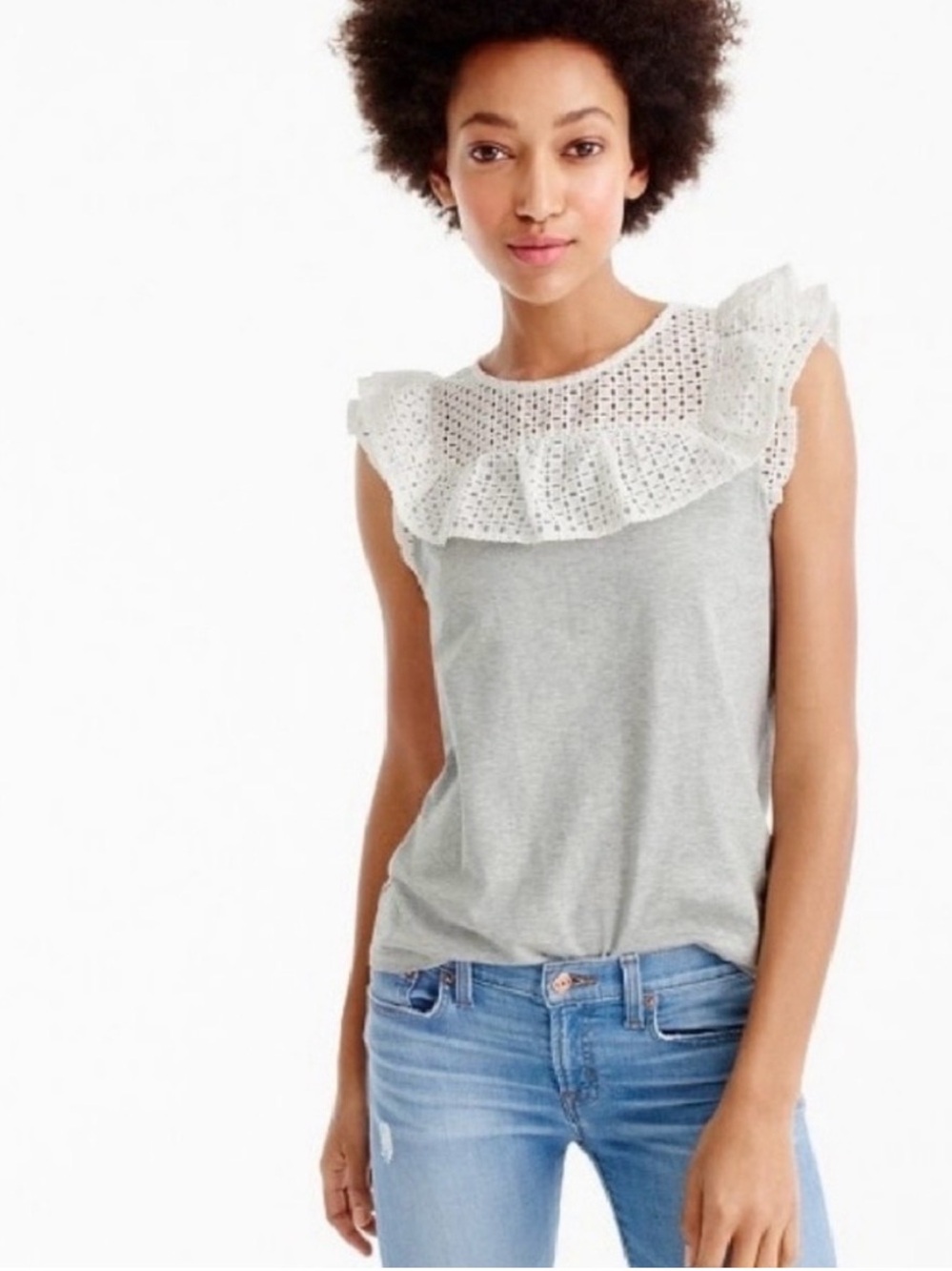 J. Crew Ruffle Bib Eyelet T-Shirt Size Small Gray & White